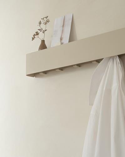 Kazai. Coat Rack Wall Mount with Shelf 'Tone' | Modern Design Coat Hanger with Hidden Hooks and Storage | Hat Rack with Shelf in Metal | Wall-Mounted Purse Organizer | Sand Taupe - Image 3