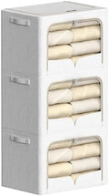 FHSQX 3 Pack Clothes Storage Bins - Foldable Metal Frame Storage Box - Stackable Linen Fabric Container Organizer Set with Carrying Handles and Clear Window (Cream White, 19.7x15.7x13inch(66L)) by FHSQX