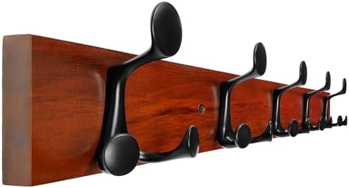 WEBI Coat Rack Wall Mount,30" Solid Wood Coat Hooks Wall Mounted Coat Hanger,16" Hole to Hole,Heavy Duty Hook Rack Rail,5 Triple Hooks for Hanging Coats,Jacket,Clothes,Hat,Backpack,Cherry by WEBI
