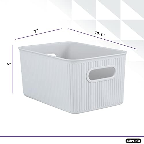 Superio Ribbed Collection - Decorative Plastic Basket Open Home Storage Bins Organizer, Medium White Smoke (4 Pack) Container Boxes for Organizing Closet Storage Bins for Shelves Drawer Shelf 5 Liter - Image 2