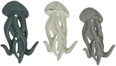 Zeckos Set of 3 Jellyfish Wall Hooks, 5 Inch Blue Gray White Cast Iron by Zeckos