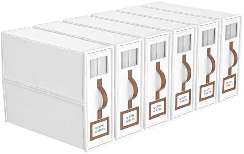 6 Pack Foldable Bed Sheets Set Organizers and Storage(King & Queen Size),Linen Fabric Closet Organizers with Window,Folding Bedding Storage Box for Bedsheets and Pillow Cube Organizer-White by BigPonPon