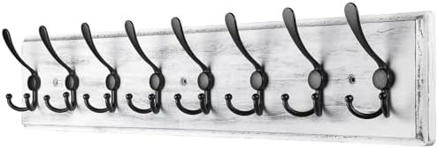 Coat Rack Wall Mount, Wooden Heavy Duty Coat Rack for Wall,8 Triple Coat Hanger Hooks for Hanging Coats,Jacket,Hat,Clothes (Grey White, 8 Hooks) by PHINGEER