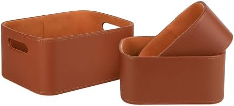 HofferRuffer Faux Leather Storage Baskets Bins with Velvet Lining for Organizing, Storage, Gifts, Set of 3 Nesting Shelf Baskets Decorative Storage Boxes for Home Organization (Brown) by HofferRuffer