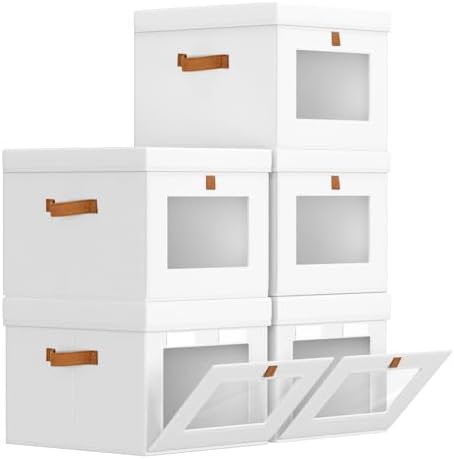 Homsorout Storage Bins with Lid – Closet Organizer with Side Opening and Clear Window, Foldable Stackable Fabric Basket for Clothes, Home, Office - 13.77" x 11.8" x 9.8", 5 Pack, White by Homsorout
