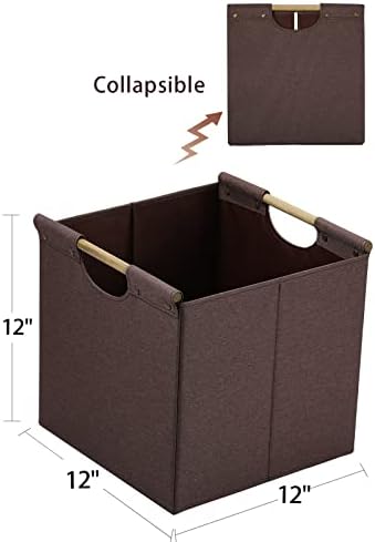 HOONEX Collapsible Storage Bins, 12x12x12in Storage Cubes Linen Fabric, Pack of 3, Storage Baskets with Wooden Carry Handles and Sturdy Heavy Cardboard, for Home, Office, Car, Nursery, Brown - Image 5