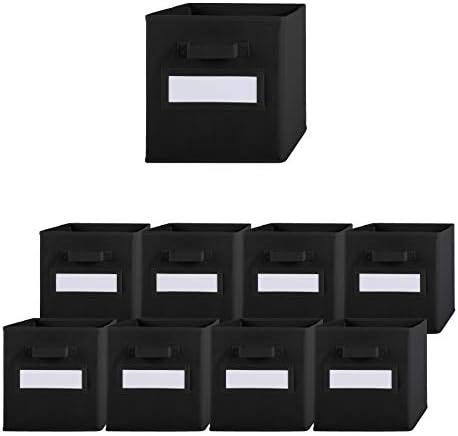 Storage Bins - 9 Pack - Durable Storage Cubes with Label Window | 2 Reinforced Handles | Fabric Cube Baskets for Organizing Closet, Clothes and Toys | Foldable Shelves Organizer (Black) by Pomatree