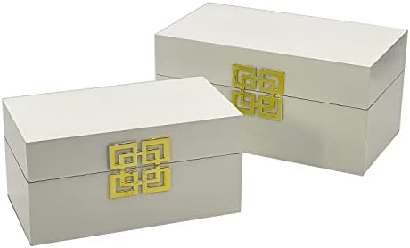 Galt International Large & Small Decorative Storage Box w/Hinged Lid - Classic Design Wood Decor Boxes with Geometric Opening Clasp - Home & Office Storage - Set of 2 (White + Gold) - Image 3