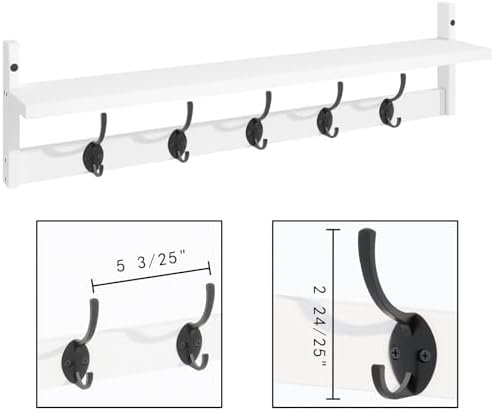 BAMEOS Wall-Mounted Wood Shelf with 5 Dual Hooks for Bathroom, Living Room, Bedroom (White-with Shelf) - Image 6