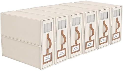6 Pack Foldable Bed Sheets Set Organizers and Storage(King & Queen Size),Linen Fabric Closet Organizers with Window,Folding Bedding Storage Box for Bedsheets and Pillow Cube Organizer-Beige by BigPonPon