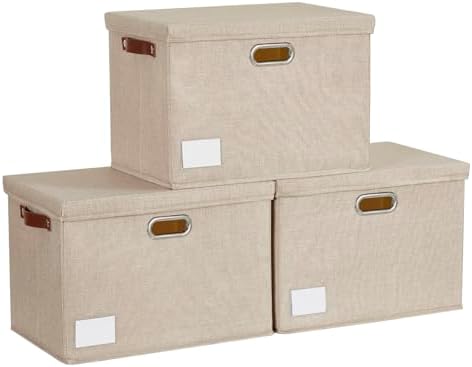 15" Fabric Storage Box with Lids, 3-Pack, Khaki by Roobyl