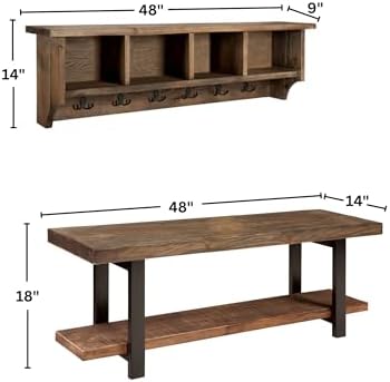 Pomona Solid Wood Entryway Bench and Coat Rack Set, Rustic Brown, 48 Inch - Image 2