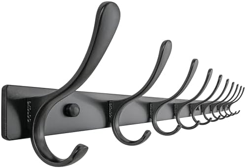 SKOLOO Coat Rack Wall Mounted - 10 Hooks, Heavy Duty, Stainless Steel, Metal Wall Hangers, Sturdy Coat Hooks for Hanging Coats, Jacket, Clothes, Hat, Black by SKOLOO