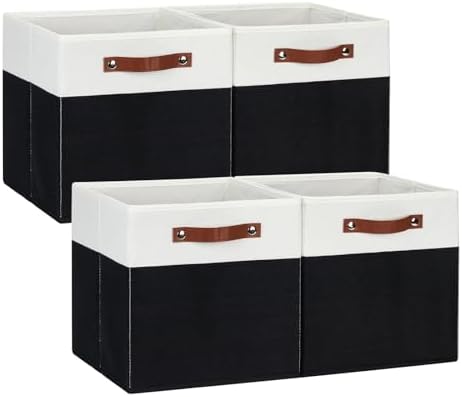 DULLEMELO Fabric Storage Bins for Shelves, Cube Storage Organizer Bins with PU Handles, Set of 4 Decorative Collapsible Storage Bins for Cube Storage,White&Black by DULLEMELO