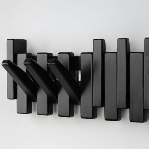 Beech Piano Key Coat Rack with 10 Flip Hooks, Black - Image 6