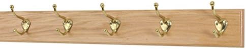 Solid Oak Coat Rack with Solid Brass Hat and Coat Style Hooks - Made in The USA (Natural, 25.5" x 3.5" with 5 Hooks) by PEG+AND+RAIL