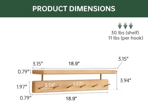 Solid Wood Wall Hooks with Shelf, Coat Rack Wall Mount, Entryway Hanging Shelf with 6 Brass Hooks for Hats, Clothes, Towels, Bags, Beech Wood, Natural - Image 2