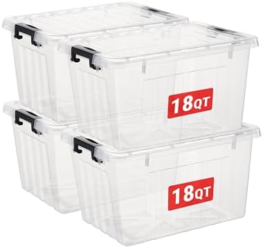 Cetomo Plastic Storage Bins, Lidded Storage Box with Strip for Home Office Dorm, Stackable, Clear, 18Quart-4 Pack by Cetomo