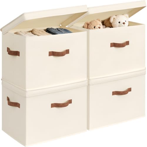 CHICVITA 4-Pack Large Fabric Storage Bins with Lids for Shelves, Ivory by CHICVITA