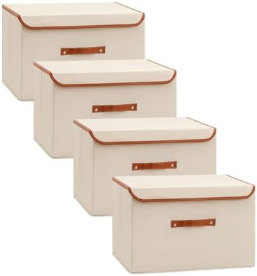 Tuza 4 Pack Large Fabric Storage Bins with Lids, Foldable Storage Boxes with Lids for Organizing, Decorative Storage Boxes with Handles for Home, Bedroom, Closet, Office(Khaki, Large) by LOVEWHEREYOULIVE