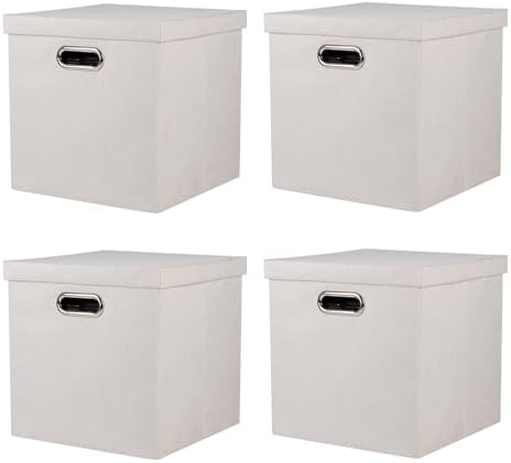 Storage Bins with Lids, Collapsible Linen Fabric Boxes Organizer Containers with Lid Foldable Storage Box Basket for Closet, Shelves, Home, Office, 12 x 12 x 12.4 Inch, 4 Pack, Beige by ArcaGuru