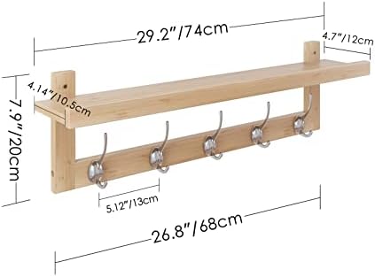 SMIBUY Coat Hooks with Shelf Wall-Mounted, 29.2 Inch Entryway Coat Rack for Wall, Bamboo Hanging Shelf with 5 Double Metal Hooks for Bathroom, Bedroom, Kitchen, Living Room, Mudroom (Natural) - Image 2