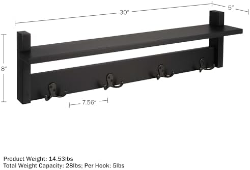 Lavish Home Coat Rack with Shelf - Wall Mount Shelf with 4 Hooks for Purses, Jackets and Keys - Coat Rack for Entryway, Mudroom, or Hallway (Black) - Image 6