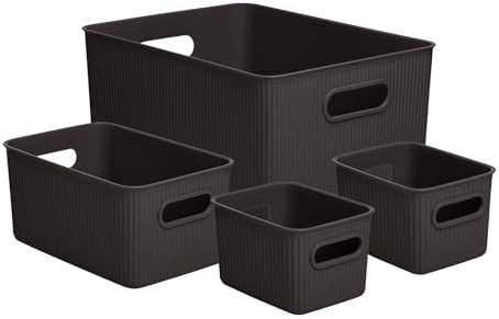 Superio Ribbed Collection - Decorative Plastic Basket Open Home Storage Bins Organizer, Brown (Set of 4) 1 Large, 1 Medium, 2 Small - Container Boxes for Organizing Closet Storage Bins for Shelves by Superio