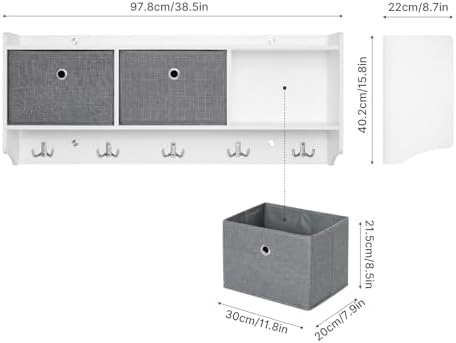 Mondeer Wooden Coat Rack Shelf Wall Mounted with 3 Baskets 5 Hooks White - Image 3