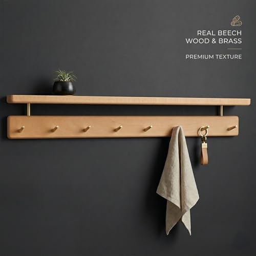 Beech Wood Coat Rack with Shelf, Wall Mounted Rack with 6 Hooks - Image 2