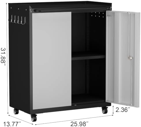 GREATMEET Garage Storage Cabinet with Wheels, Lockable Metal Storage Cabinet, Rolling Tool Cabinet with Adjustable Shelf, Push Handle for Shop, Home, Office, Black/Grey - Image 3