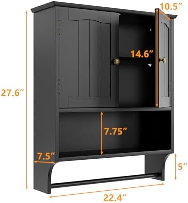 Black Bathroom Cabinet with Towel Rack, Bathroom Wall Cabinet with 2 Doors and Adjustable Shelf, Medicine Cabinet Wall Mount, Over The Toilet Storage - Image 2