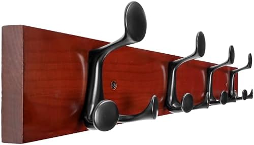WEBI Coat Rack Wall Mount,24" Solid Wood Coat Hooks Wall Mounted Coat Hanger,16" Hole to Hole,Heavy Duty Hook Rack Rail,4 Triple Hooks for Hanging Coats,Jacket,Clothes,Hat,Backpack,Cherry by WEBI