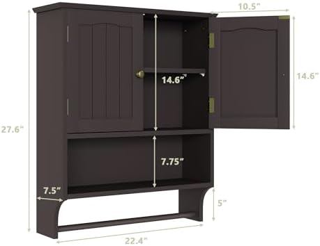 Smuxee Brown Wall Cabinet with Towel Bar - Medicine Cabinet with Adjustable Shelves, Over Toilet Cabinet for Laundry Room Kitchen - Image 3