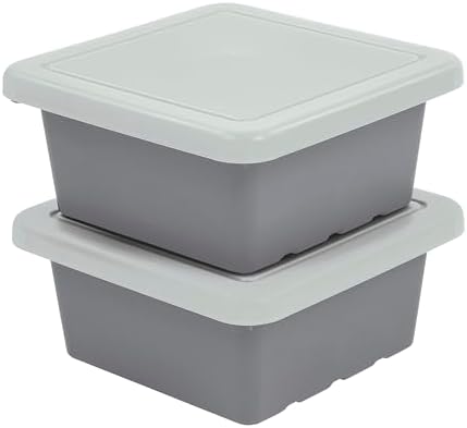 ECR4Kids Stackable Square Bins with Non-Snap Lids, Multipurpose Organization, Grey, 2-Pack by ECR4Kids