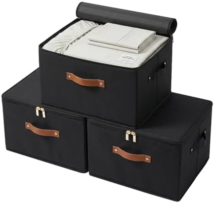 Tuza 3 Pack Foldable Storage Bin with Lid, Heavy-Duty Fabric Storage Box with Reinforced Handles, Collapsible Closet Organizer for Clothes, Bedding, Wardrobe & Bedroom Organization(Black, 42L) by LOVEWHEREYOULIVE