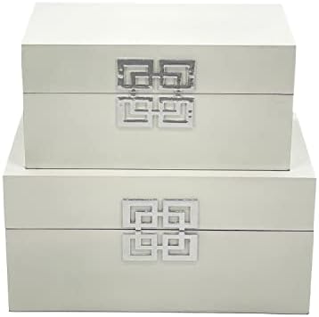 Galt International Storage Box Set Decorative Storage Box w/Hinged Lid Classic Design Wood Decor Boxes with Geometric Clasp Storage for Bedroom & Home - Set of 2 (White & Silver) - Image 2