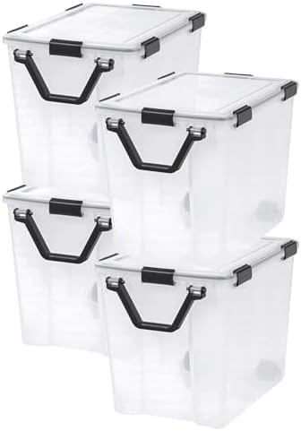 IRIS USA WeatherPro 103 Qt Storage Bins with Lids, 4 Pack, BPA-Free Plastic Gasket Box with Tight Latch and Seal, Stackable Nestable Tote Tub - Clear/Black by IRISUSA