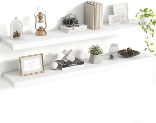 Acovy 48 Inch Floating Shelves, 8 Inch Deep Floating Shelves for Wall, Hanging Shelf with Invisible Brackets, Deep Shelves for Bathroom, Bedroom, Living Room, White, Set of 2 by Acovy