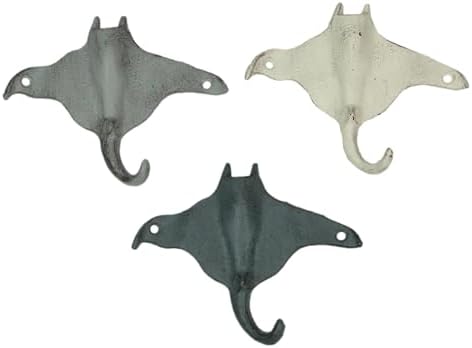 Zeckos Set of 3 Stingray Wall Hooks, 6.25 Inch Blue Gray White Cast Iron by Zeckos