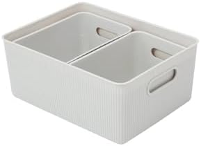 Decorative Plastic Basket Open Home Storage Bins Organizer, White Smoke (Set of 3) 1 Large, 2 Medium - Container Boxes for Organizing Closet Storage Bins for Shelves Drawer Shelf - Ribbed Collection by Superio