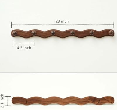 Wood Coat Rack Wall Mount - Walnut Coats Hook Hanger Wall-Mounted, Wave-Shaped Entryway Hanging Racks with 6 Hooks for Jacket Keys Hats Robes Towels Bags, Living Room Mudroom Bathroom Bedroom Hallway - Image 5