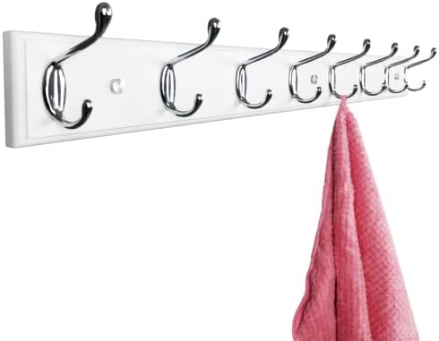 Wooden Wall Mounted Coat Rack – 31 Inch, White with 8 Silver Hooks for Entryway, Hallway, Bedroom by CreativityChangesLife