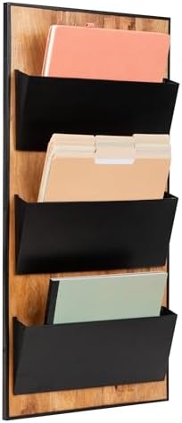Mind Reader 3-Tier Wall-Mounted File Organizer, Wood and Metal Vertical Rack for Mail, Magazines, and Documents, Black by MindReader