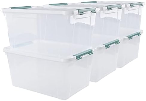 Plastic Latch Storage Box, 35 Quart, Pack of 6 Large Clear Bins by Innouse