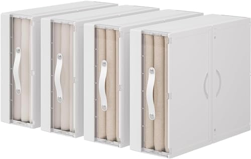 GUDEMAY Bed Sheet Organizers and Storage Plastic, 4 pcs Foldable Closet Organizer with Handle, Bedding Storage Box Container for Blanket, Duvet Cover Set, Bed Sheet Set, White by HaveANiceDay