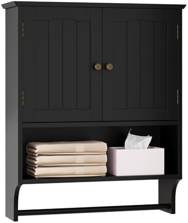 Black Bathroom Cabinet with Towel Rack, Bathroom Wall Cabinet with 2 Doors and Adjustable Shelf, Medicine Cabinet Wall Mount, Over The Toilet Storage - Image 6