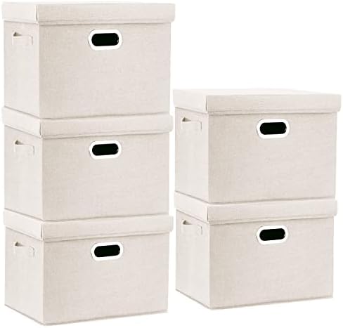 TYEERS Large Storage Bins with Lids, Collapsible, Washable, Fabric Storage Boxes for Organizing, 17.3x11.8x11.4 inches, 5 Pack, Beige by StorageOrganization