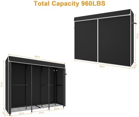 ULIFHOME E14C Pro Heavy Duty Closet Organizer System，Freestanding Clothing Racks for Hanging Clothes，Adjustable Garment Rack 69" W × 16" D × 77" H Hold 960 lbs，Black Rack with Black Dustproof Cover - Image 2