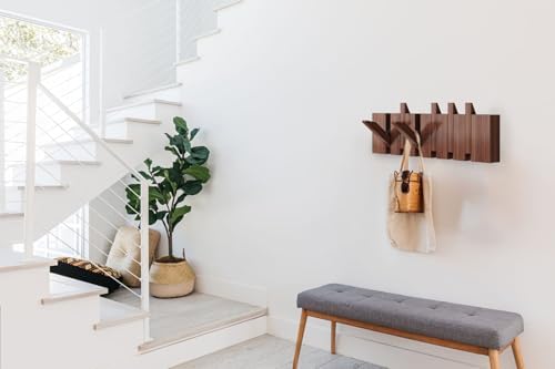 Coat Rack Wall Mount, Wooden Coat Rack, Piano Key Coat Rack, 6 Hooks Flip Down Wall Hook Rack, Walnut - Image 4
